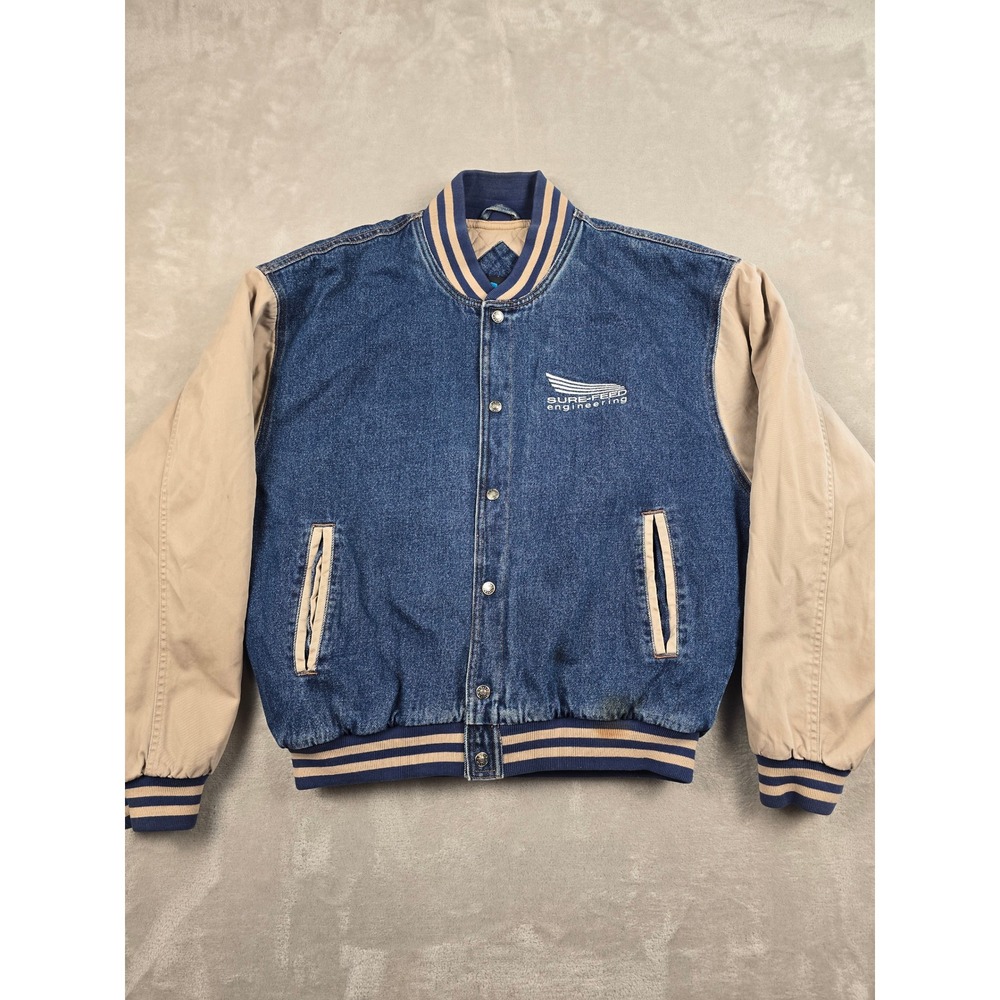 Vintage Tri-Mountain Varsity Bomber Jacket‎ Mens L Blue Denim Engineering *Logo
